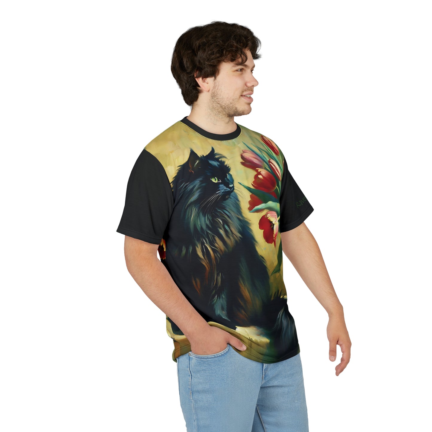 The Artist's Black Cat with Red Tulips Vibrant Art Tee | Colorful Unisex Cut & Sew T-Shirt, Wildlife Apparel, Unique Graphic Tee, Birthday Gift