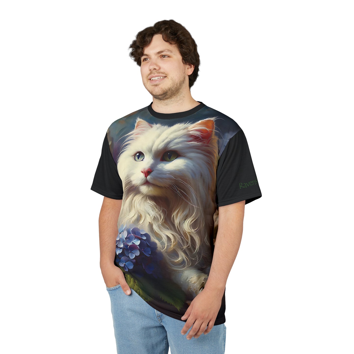 Young White Cat with Hydrangeas Vibrant Art Tee | Colorful Unisex Cut & Sew T-Shirt, Cat Lover Apparel, Unique Graphic Tee, Birthday Gift