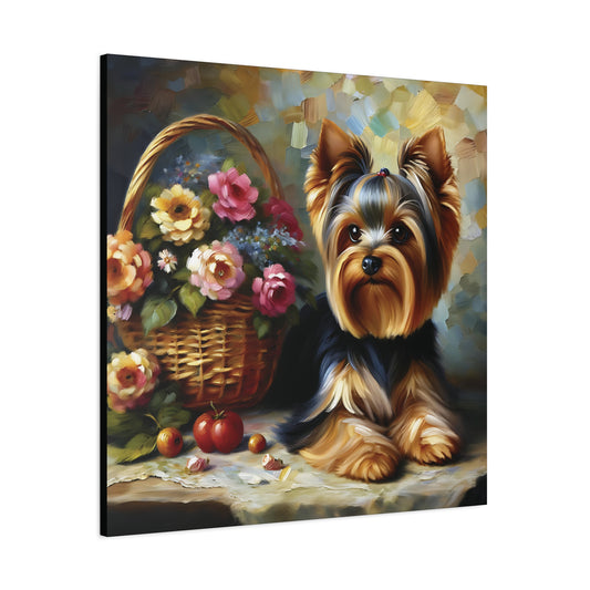 Painting of a dog with a basket of flowers and apples on a table.