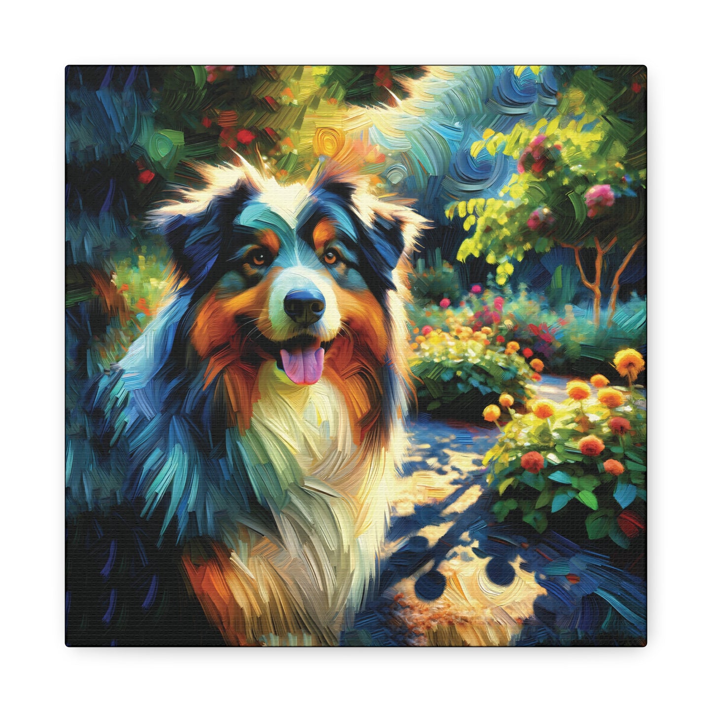 Canvas Wall Art - Australian Shepherd on Garden Path, Contemporary Impressionist Art Print