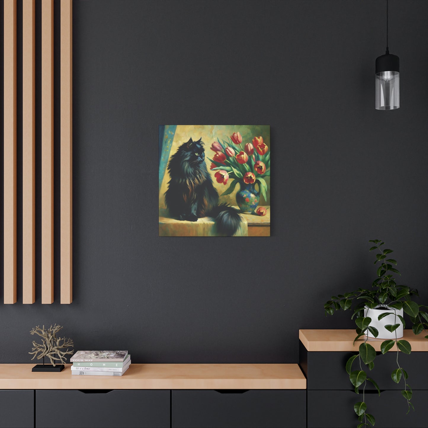 The Artist's Black Cat with Red Tulips - Impressionist Canvas Wall Art