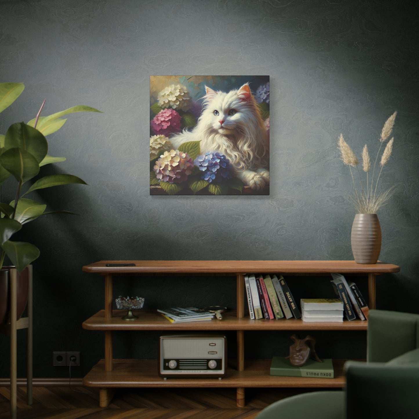 The Artist's White Cat with Hydrangeas, Impressionist Style Canvas Wall Art