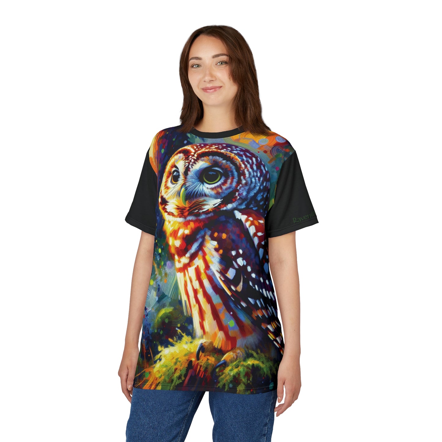 Barred Owl at Sunset Vibrant Art Tee | Colorful Unisex Cut & Sew T-Shirt, Wildlife Apparel, Unique Graphic Tee, Birthday Gift