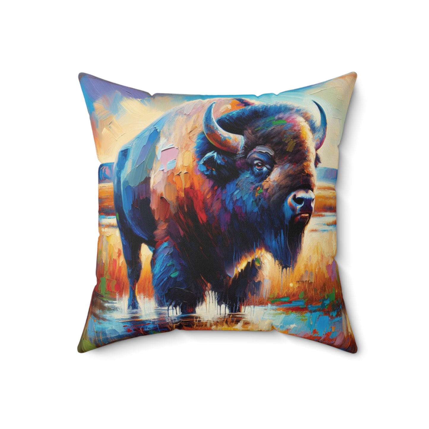 Lone Bison After Rain -  Square Throw Pillows