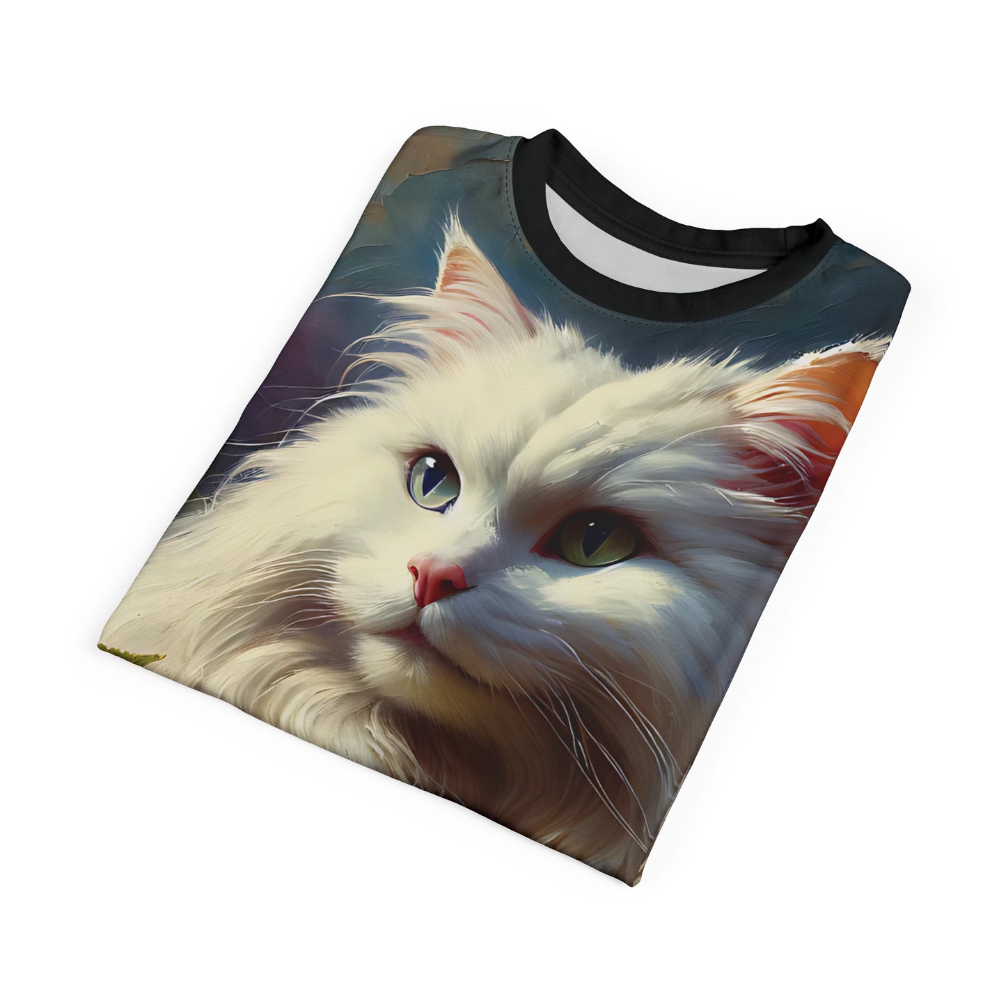Young White Cat with Hydrangeas Vibrant Art Tee | Colorful Unisex Cut & Sew T-Shirt, Cat Lover Apparel, Unique Graphic Tee, Birthday Gift