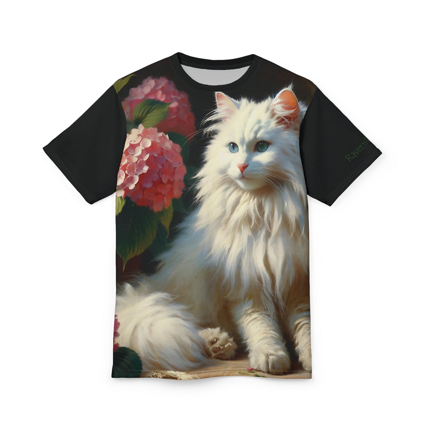Blue-Eyed White Cat with Pink Hydrangeas Vibrant Art Tee | Colorful Unisex Cut & Sew T-Shirt, Wildlife Apparel, Unique Graphic Tee, Birthday Gift