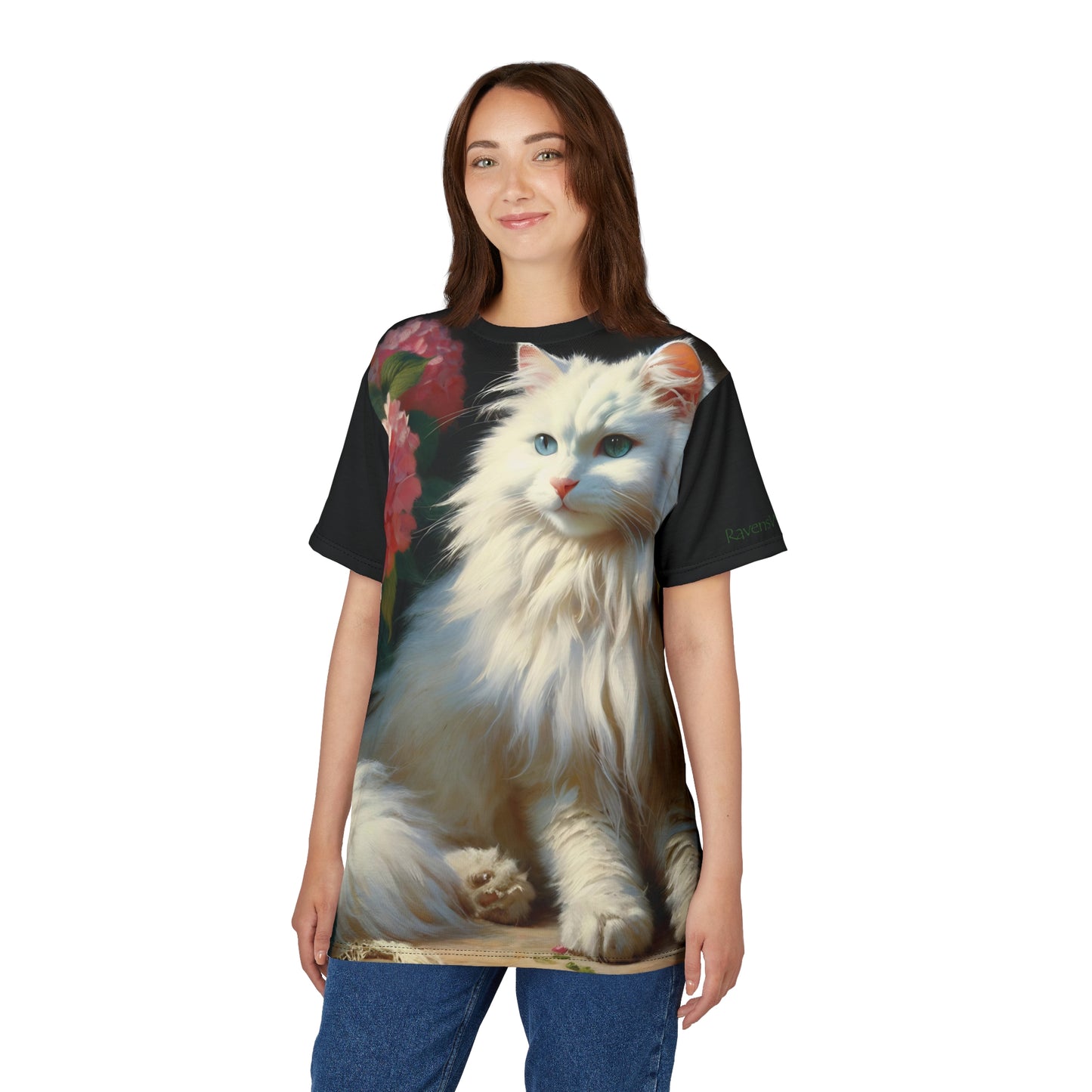 Blue-Eyed White Cat with Pink Hydrangeas Vibrant Art Tee | Colorful Unisex Cut & Sew T-Shirt, Wildlife Apparel, Unique Graphic Tee, Birthday Gift