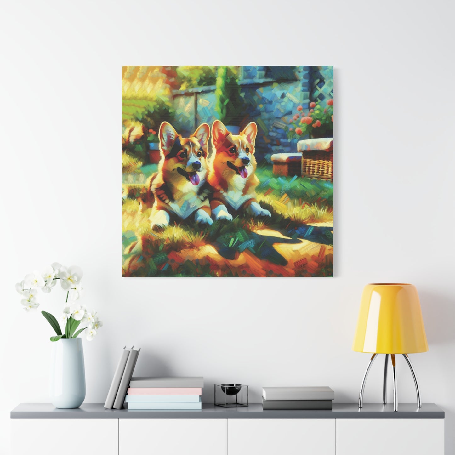 Canvas Wall Art - Pembroke Corgi Pair Resting in Garden - Contemporary Impressionist Print