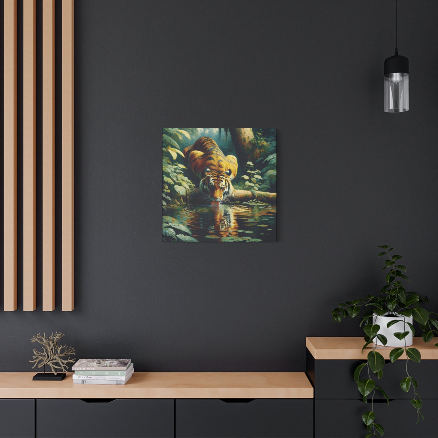 Tiger at Pond Impressionist Canvas Art Print