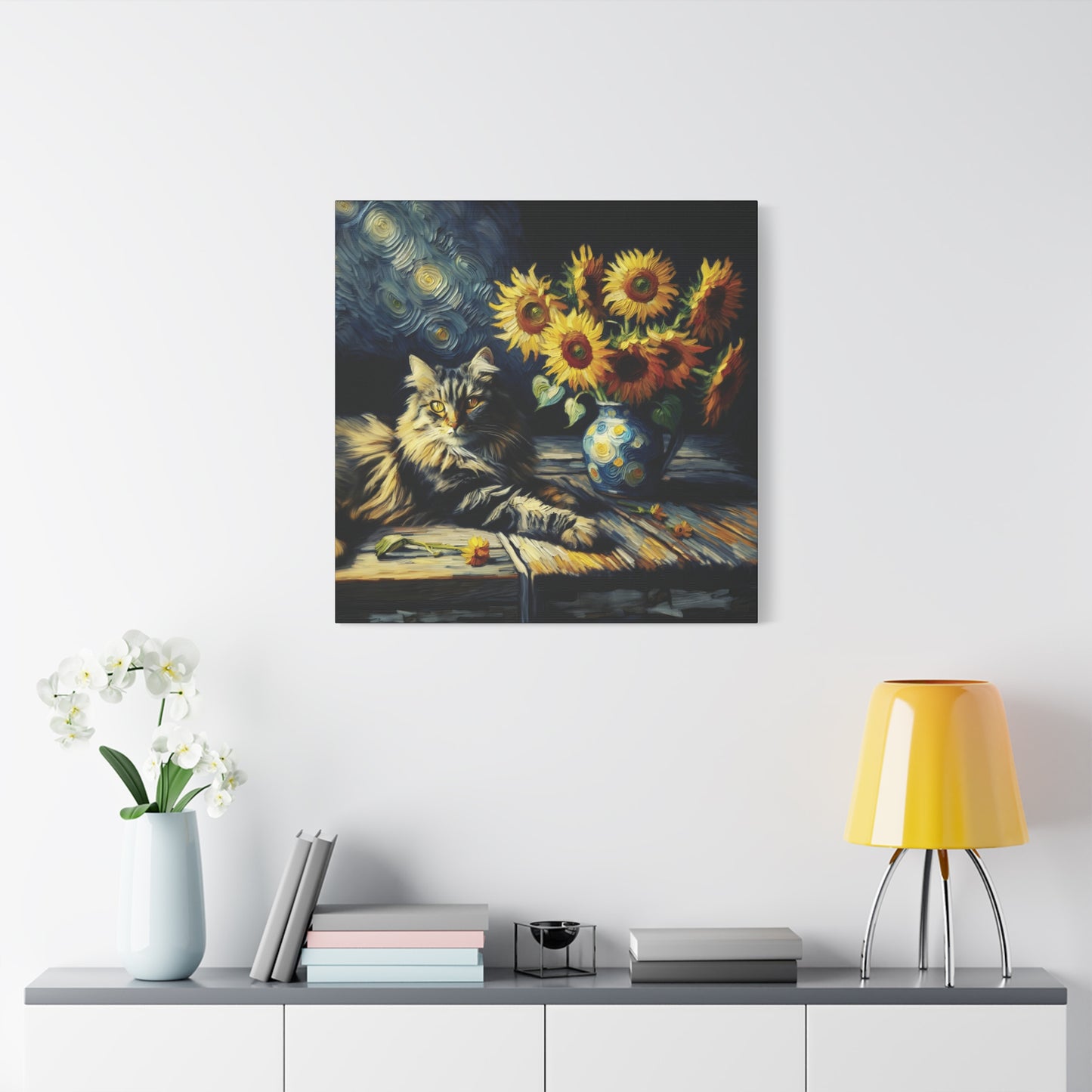 Canvas Wall Art - Grey Tabby Cat with Sunflowers - Old Master Style Art