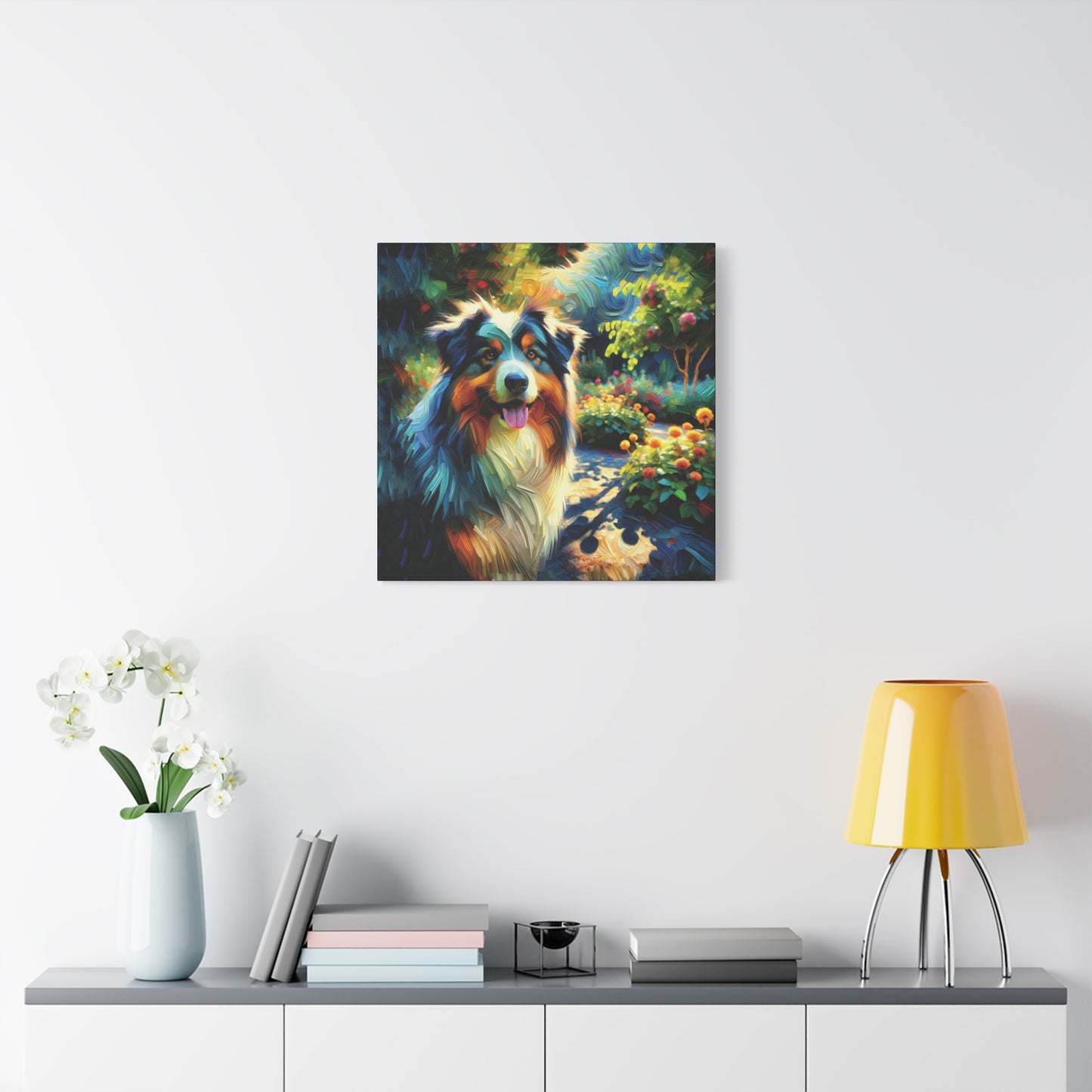 Canvas Wall Art - Australian Shepherd on Garden Path, Contemporary Impressionist Art Print