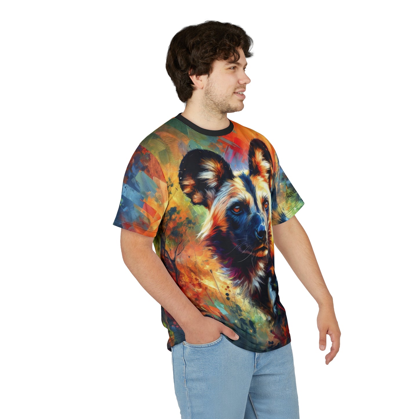 African Wild Dog Portrait Vibrant Art Tee | Colorful Unisex Cut & Sew T-Shirt, Wildlife Apparel, Unique Graphic Tee, Birthday Gift