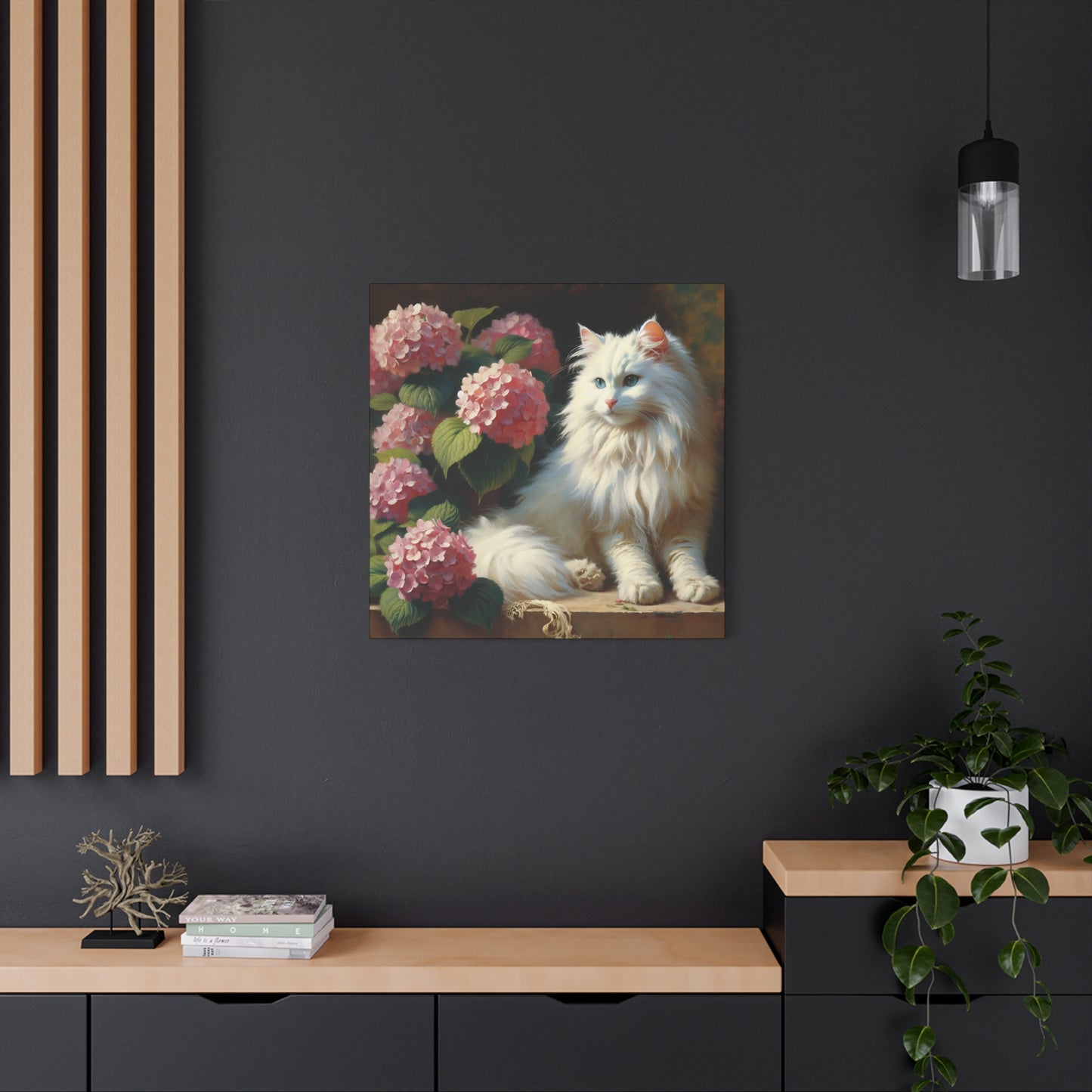 Canvas Wall Art - Blue-Eyed White Cat with Pink Hydrangeas, Impressionist Style Square Print