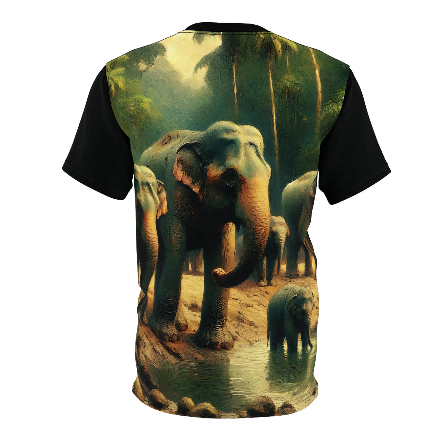 Asiatic Elephant Herd at Watering Hole Vibrant Art Tee | Colorful Unisex Cut & Sew T-Shirt, Wildlife Apparel, Unique Graphic Tee, Birthday Gift