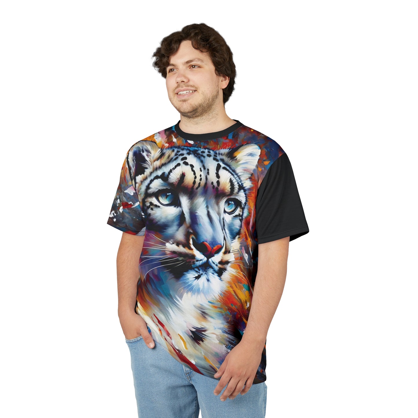 Colorful Snow Leopard Vibrant Art Tee | Colorful Unisex Cut & Sew T-Shirt, Wildlife Apparel, Unique Graphic Tee, Birthday Gift