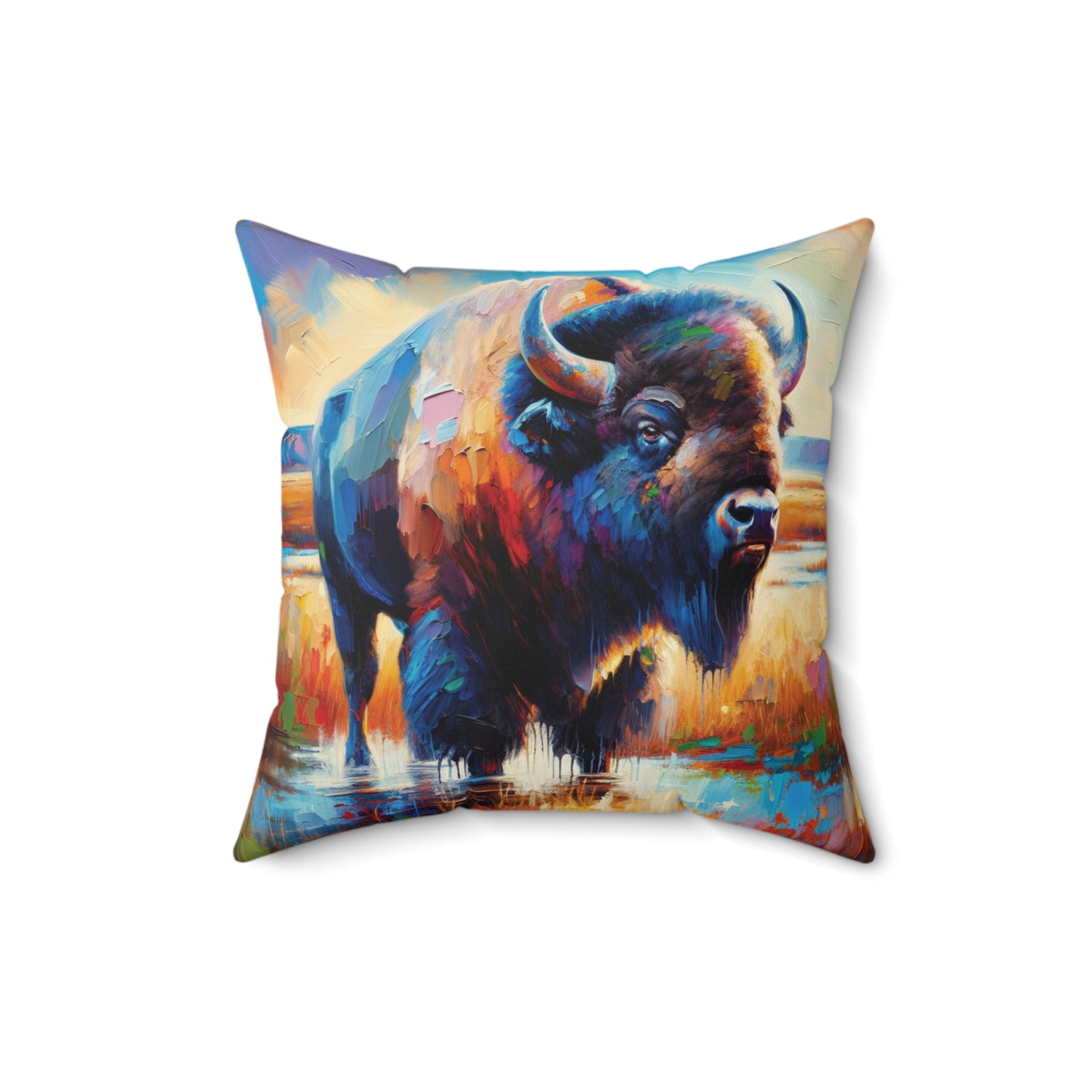 Lone Bison After Rain -  Square Throw Pillows
