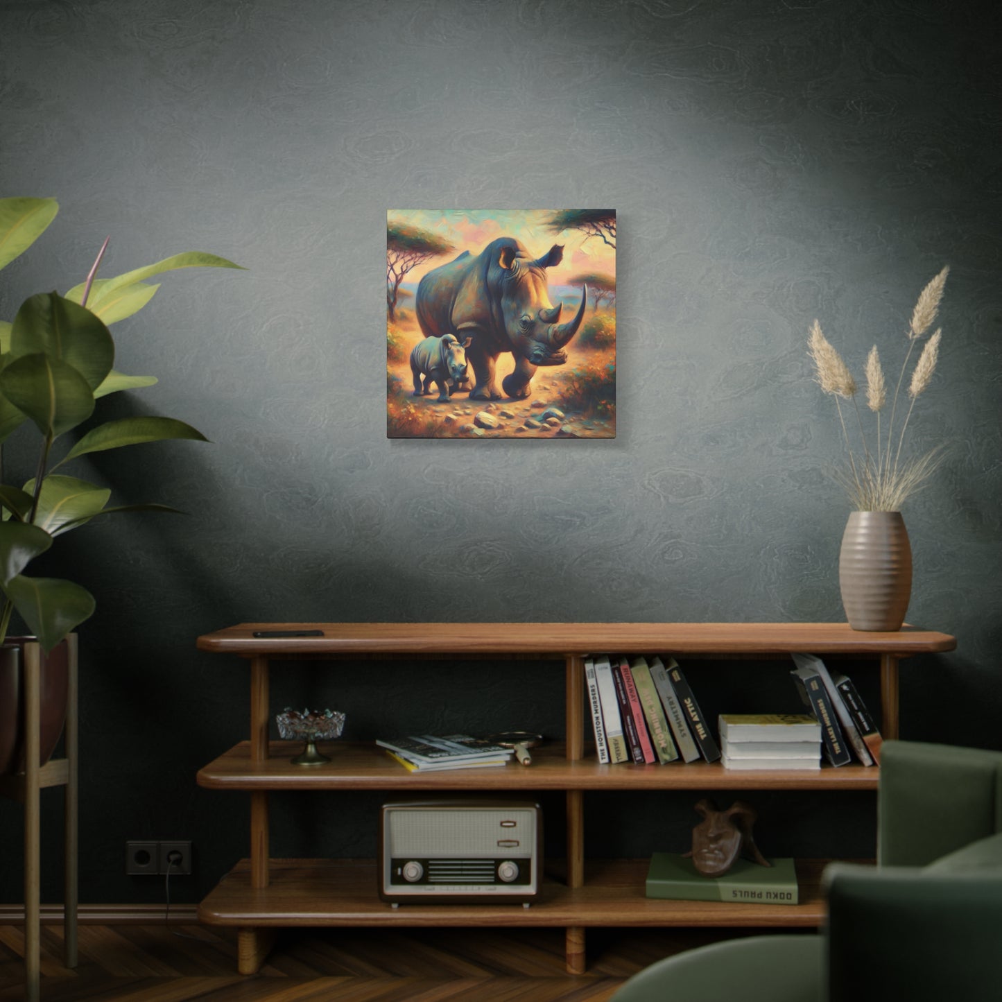 Rhino with Baby Impressionist Canvas Wall Art