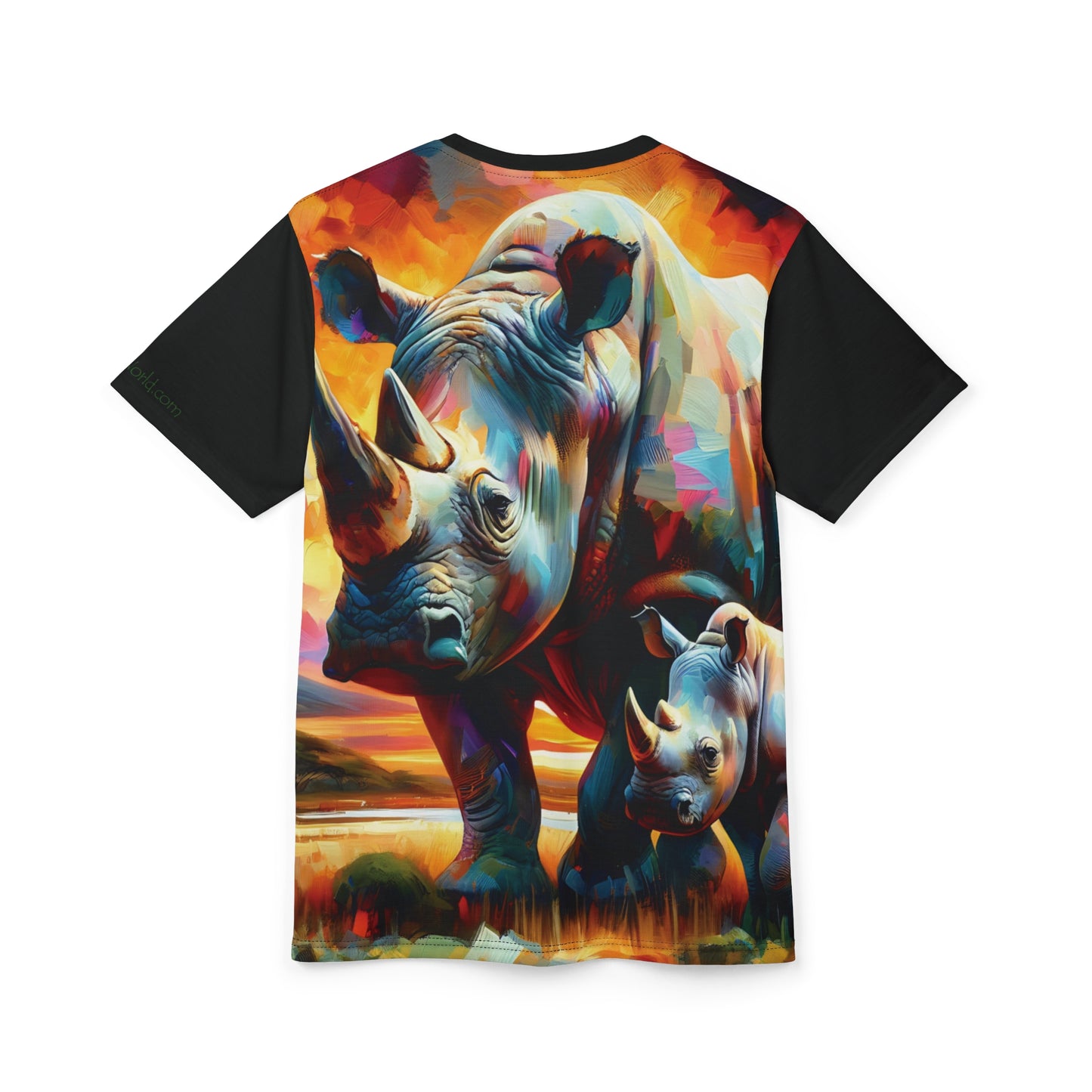 Rhinos at Sunset Art Tee | Colorful Unisex Cut & Sew T-Shirt, Wildlife Apparel, Unique Graphic Tee, Birthday Gift