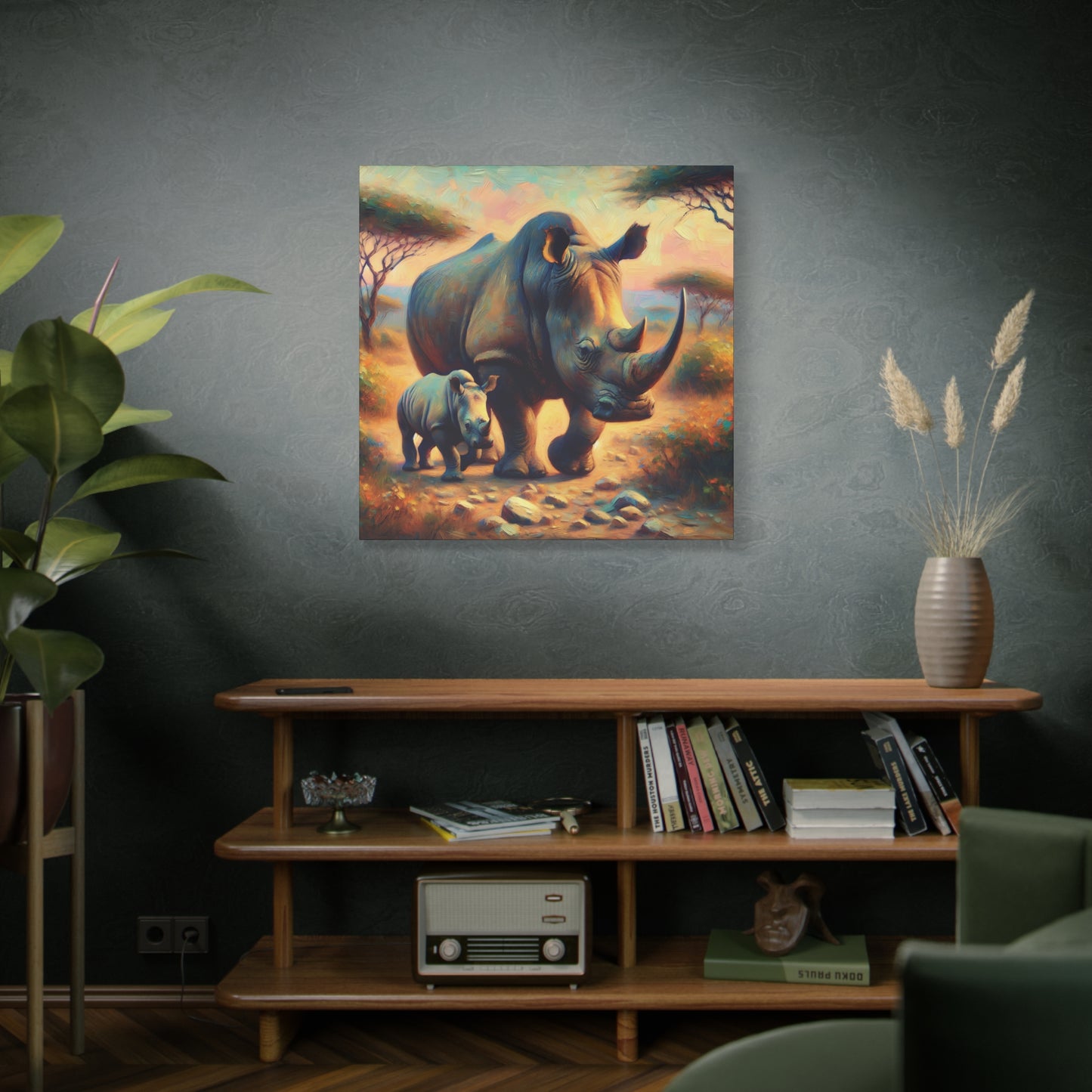 Rhino with Baby Impressionist Canvas Wall Art
