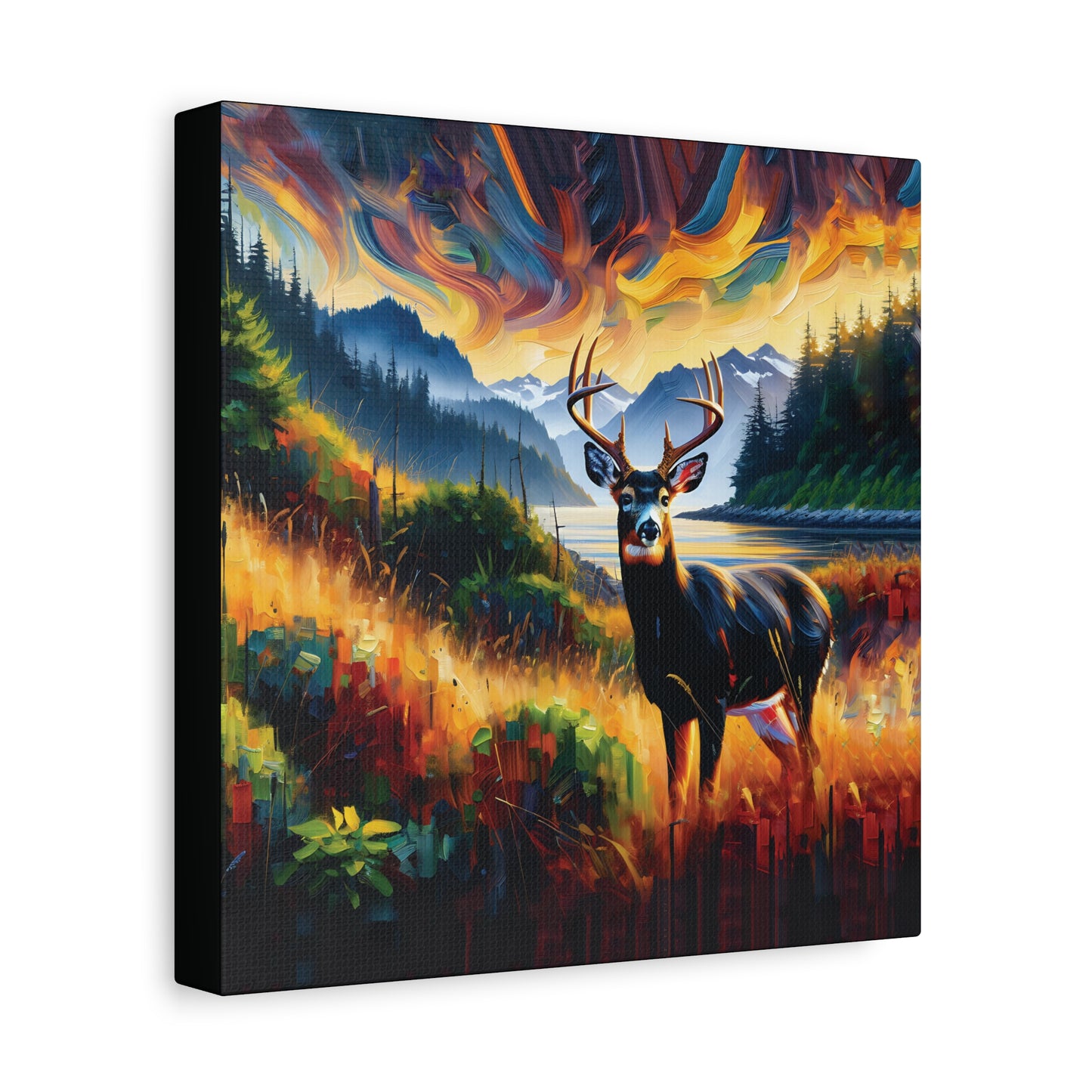 A canvas wall art print featuring a black tail buck deer in a colorful expressionist art style with a landscape background.