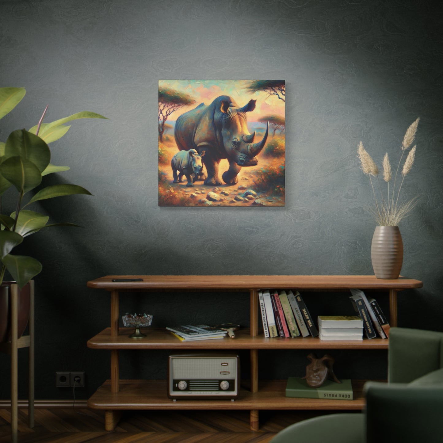 Rhino with Baby Impressionist Canvas Wall Art