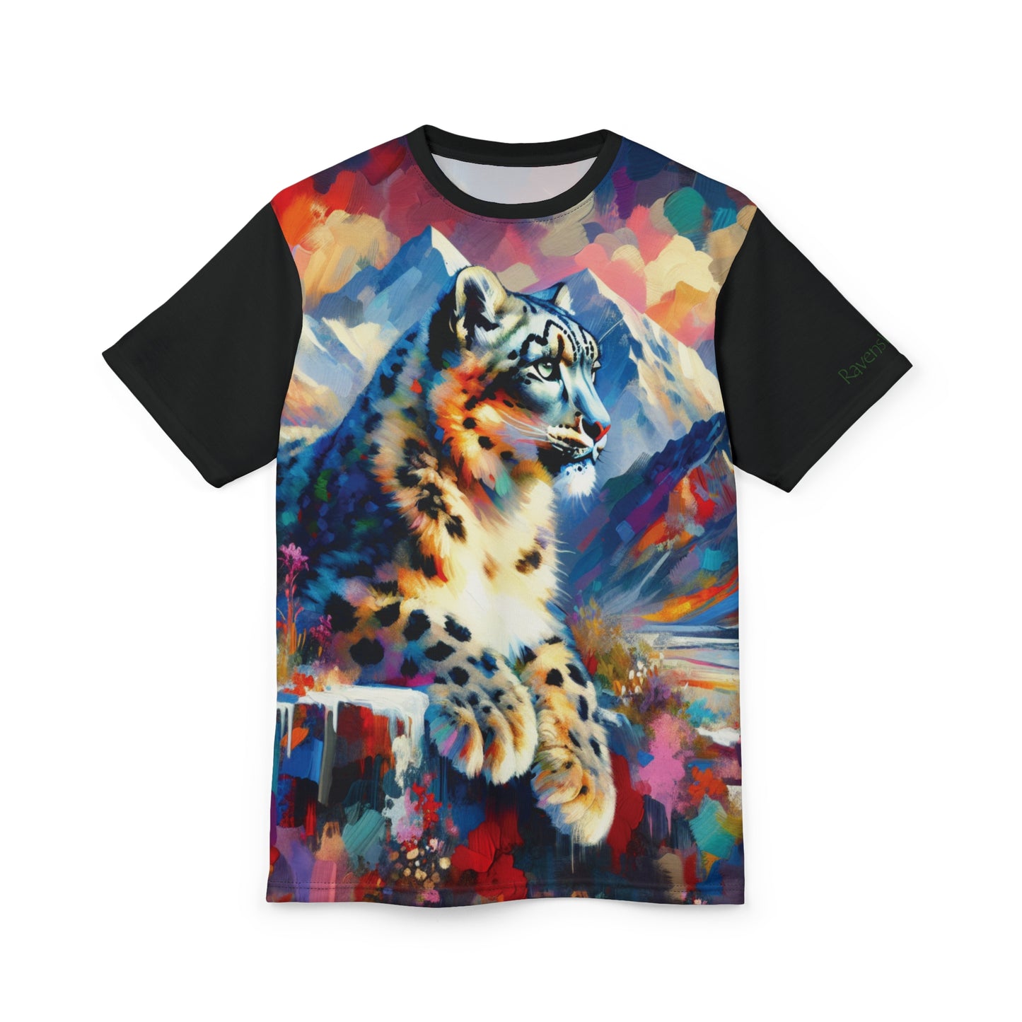 Himalayan Snow Leopard Vibrant Art Tee | Colorful Unisex Cut & Sew T-Shirt, Wildlife Apparel, Unique Graphic Tee, Birthday Gift