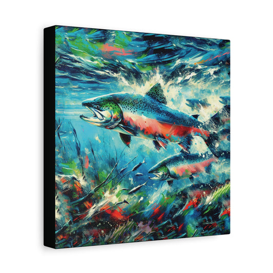 Salmon Canvas Art, Expressionist Portrayal of Salmon Returning to their Home Water