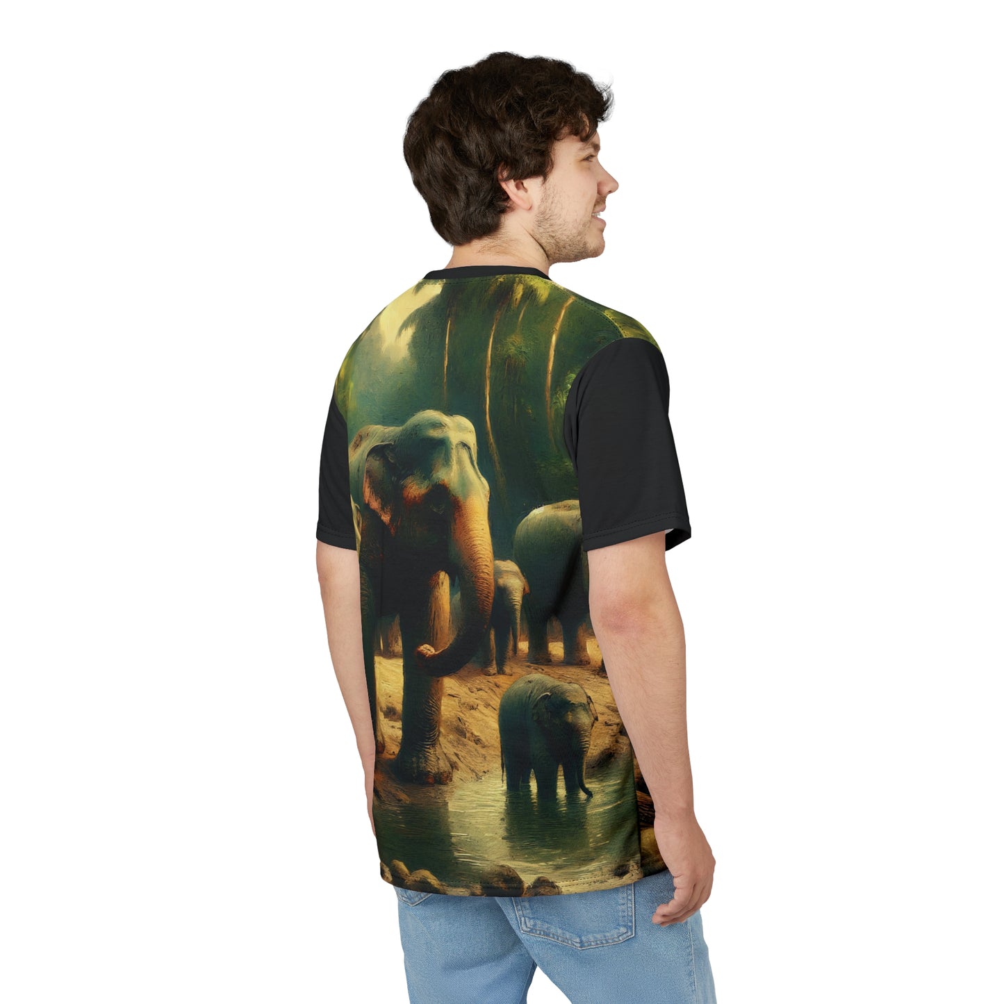 Asiatic Elephant Herd at Watering Hole Vibrant Art Tee | Colorful Unisex Cut & Sew T-Shirt, Wildlife Apparel, Unique Graphic Tee, Birthday Gift