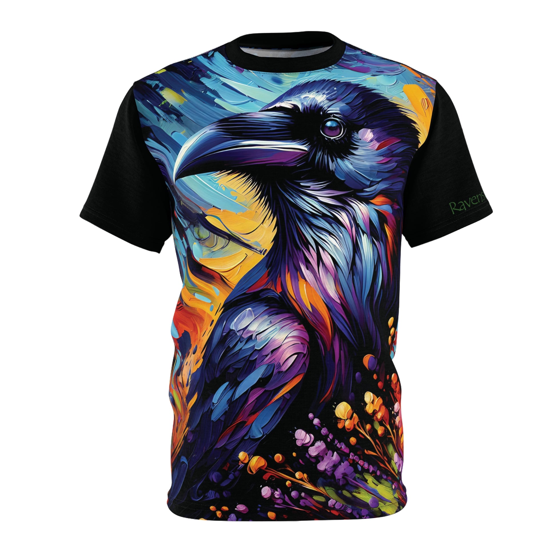 T-shirt with a colorful raven design on a white background
