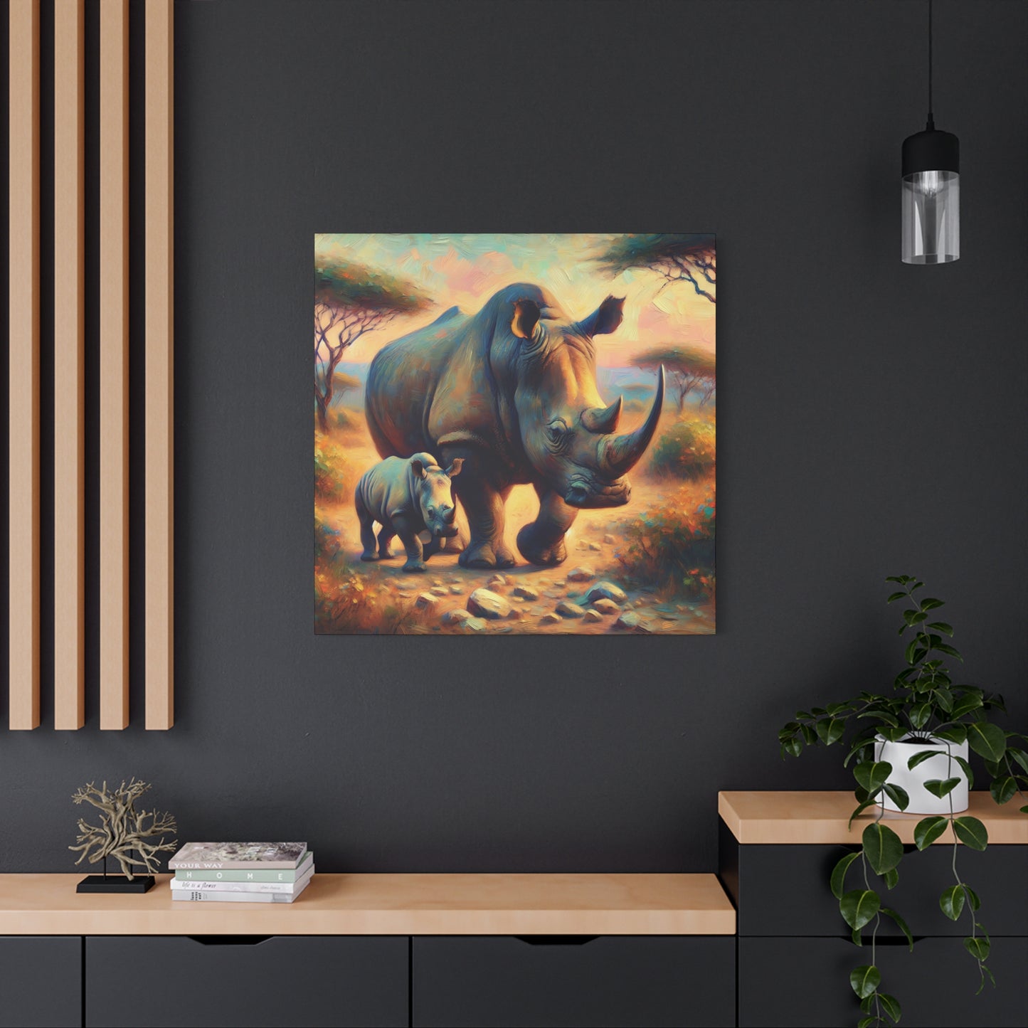 Rhino with Baby Impressionist Canvas Wall Art