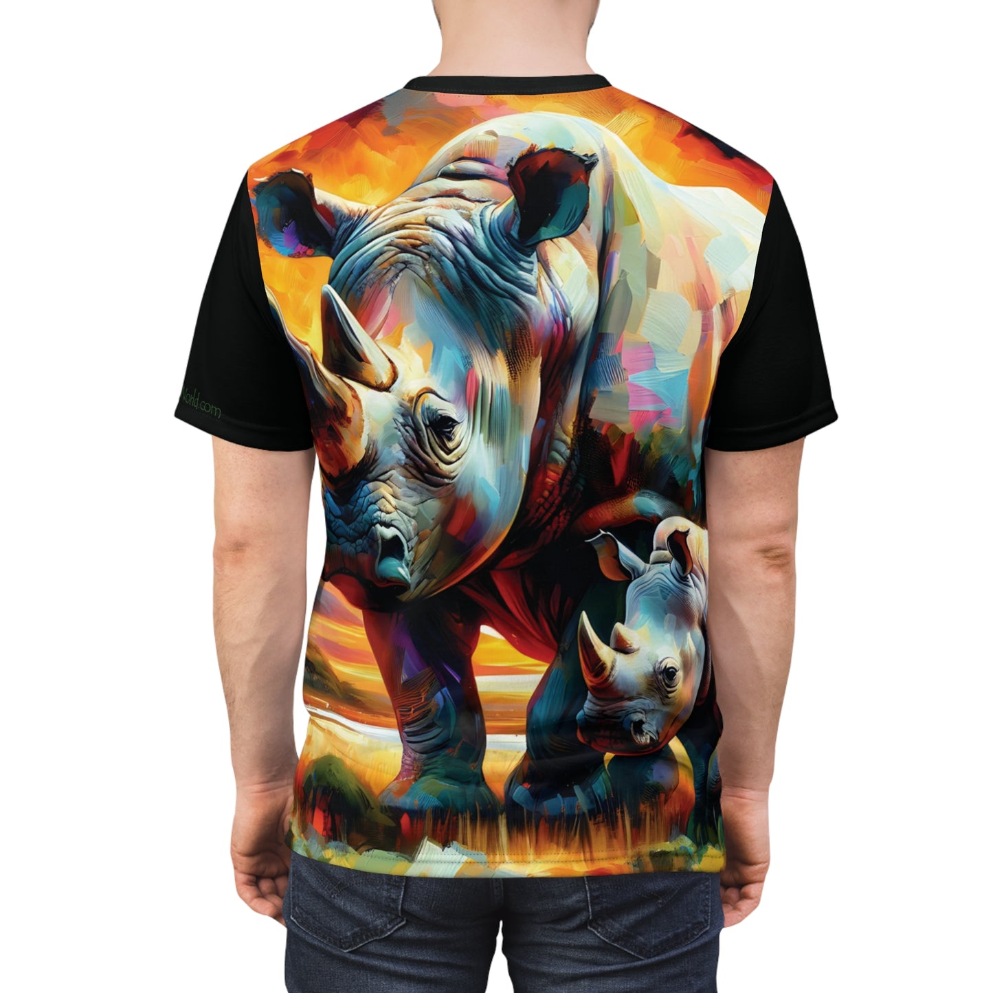 Rhinos at Sunset Art Tee | Colorful Unisex Cut & Sew T-Shirt, Wildlife Apparel, Unique Graphic Tee, Birthday Gift