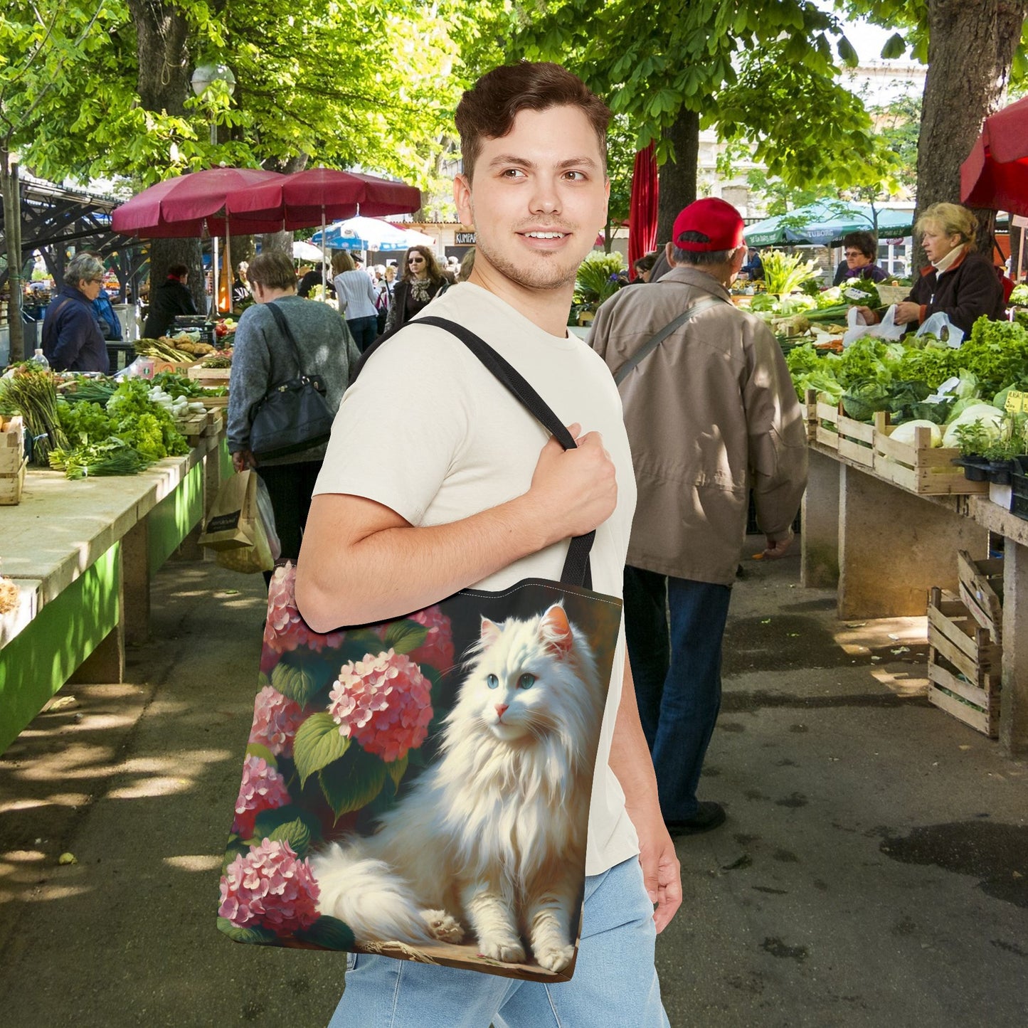 Cat Tote Bag with Pink Hydrangeas - Impressionist Style Art