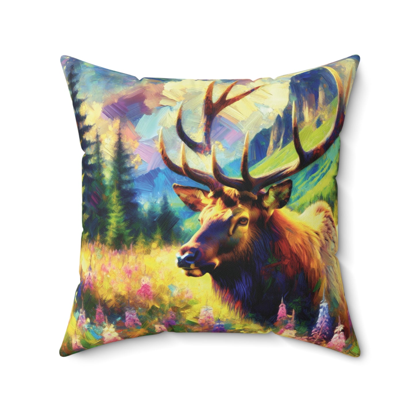 Bull Elk in Mountain Meadow - Square Throw Pillows