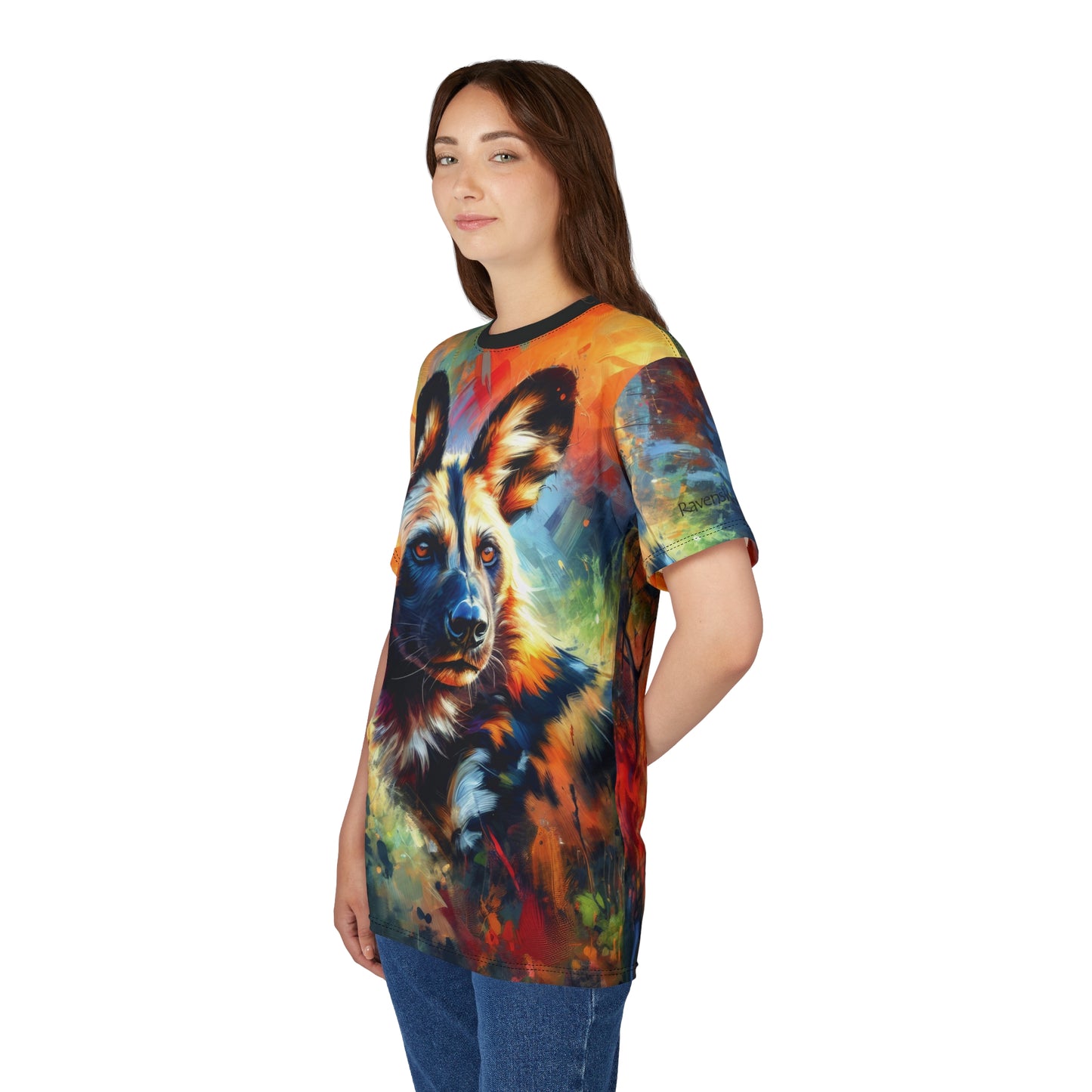 African Wild Dog Portrait Vibrant Art Tee | Colorful Unisex Cut & Sew T-Shirt, Wildlife Apparel, Unique Graphic Tee, Birthday Gift