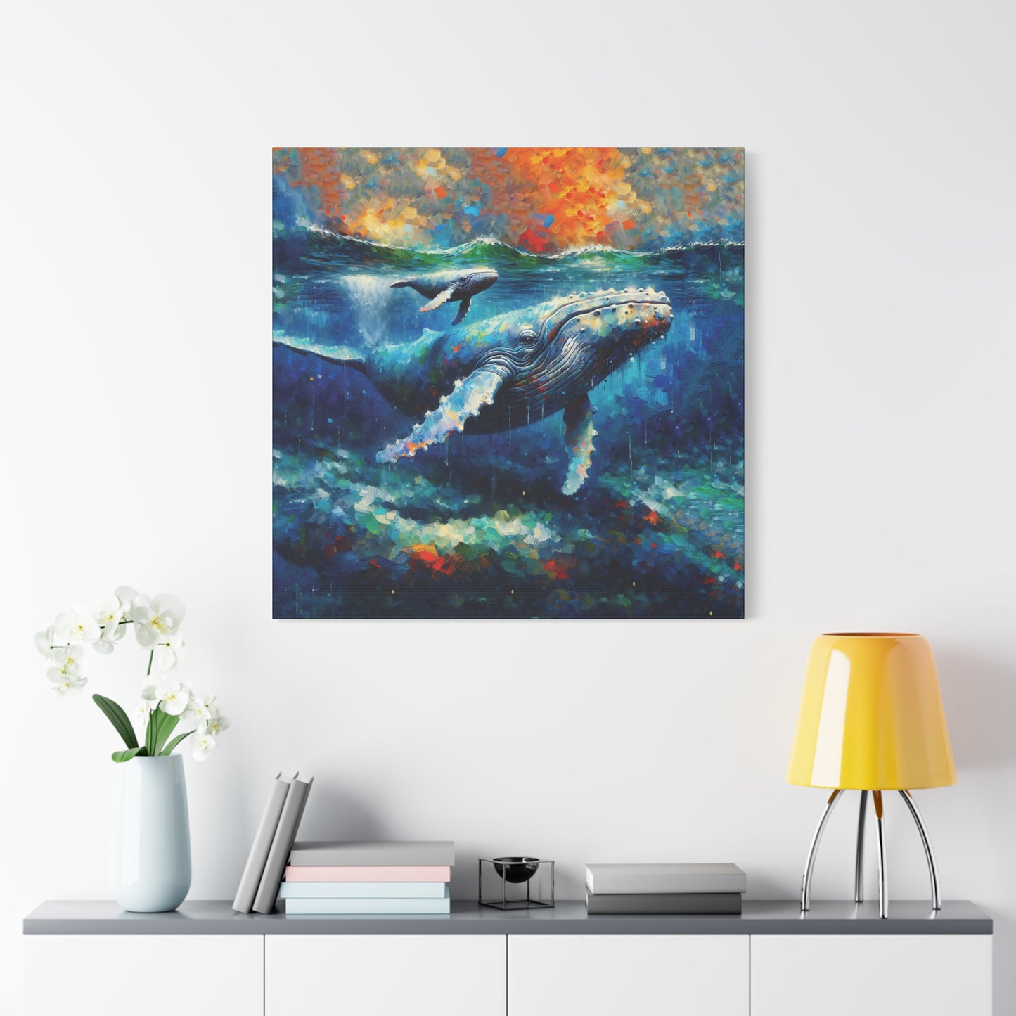 Humpback Whale and Calf Expressionist Canvas Art Print