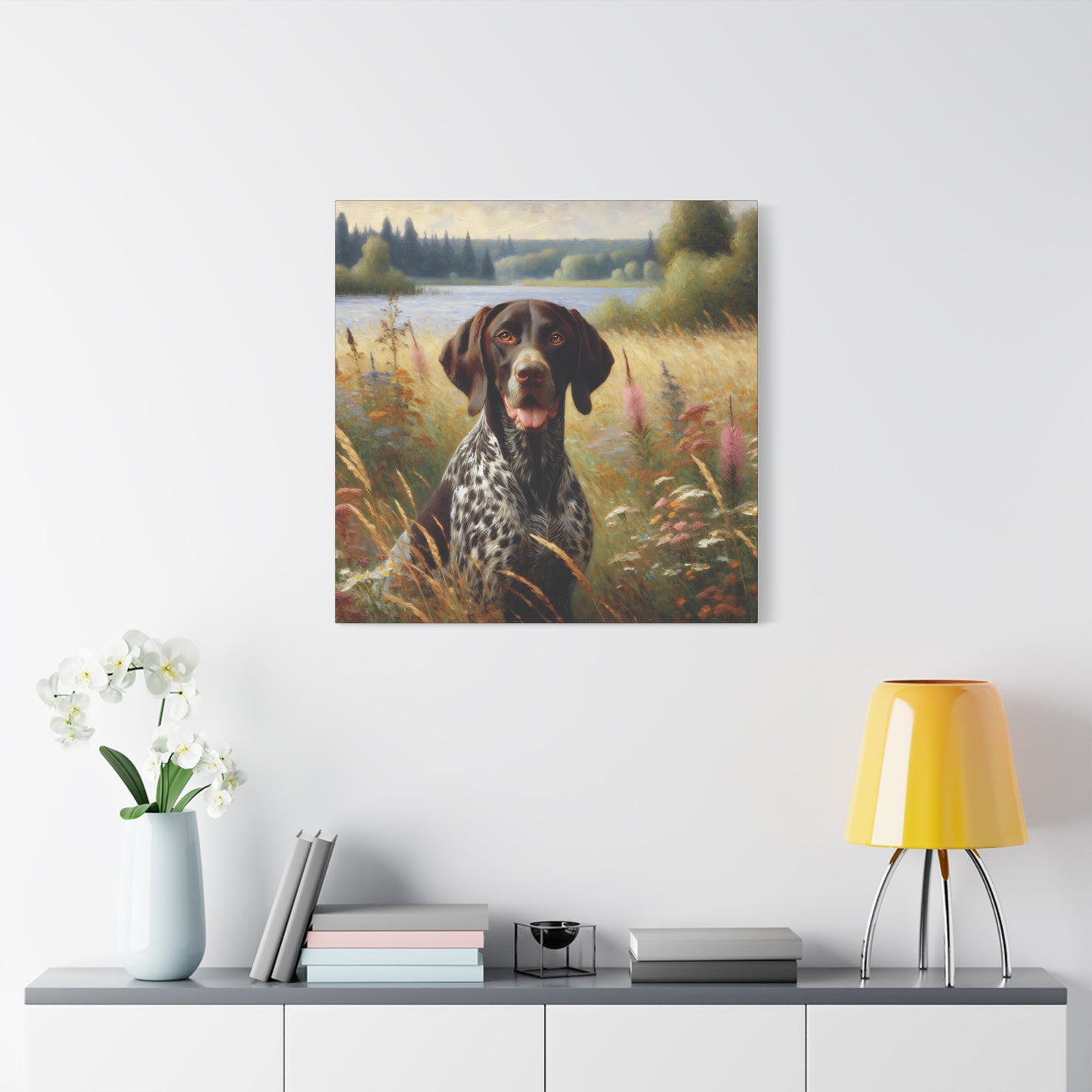 German Shorthaired Pointer by Lake, Canvas Wall Art in Impressionist Style