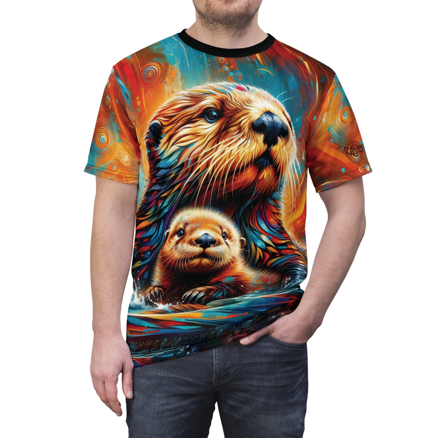 Sea Otters at Sunset Vibrant Art Tee | Colorful Unisex Cut & Sew T-Shirt, Wildlife Apparel, Unique Graphic Tee, Birthday Gift