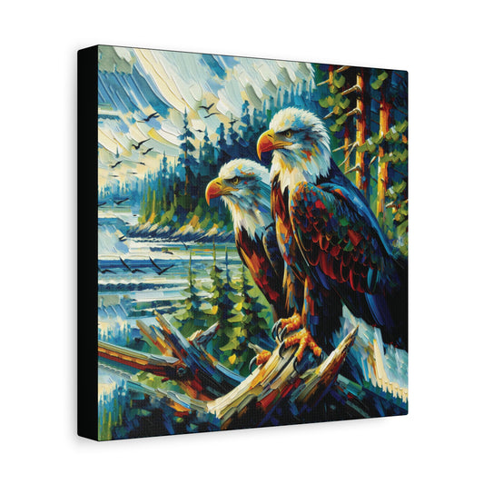 Canvas print of two bald eagles on a branch with a forest and lake background
