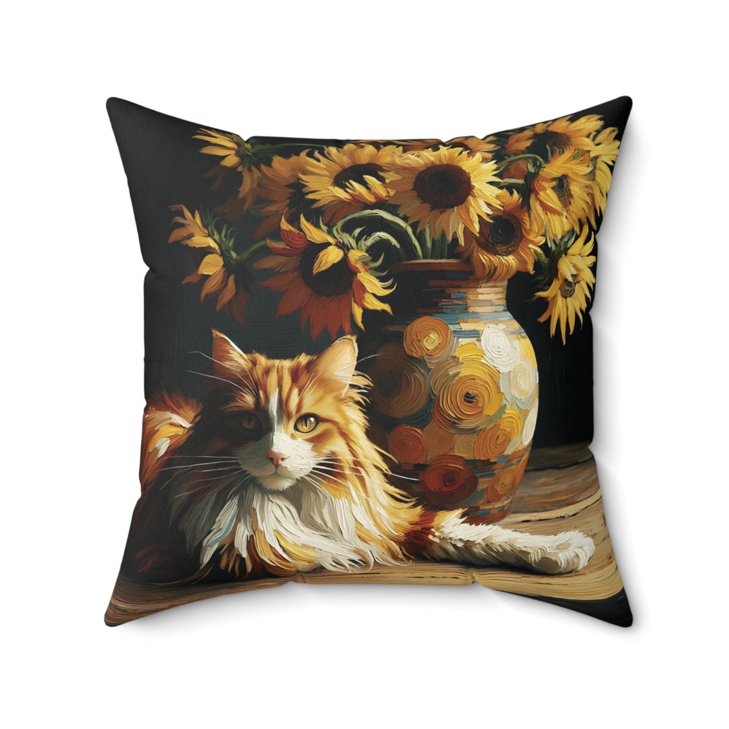 Throw Pillow - Orange and White Cat with Sunflowers Cozy Decorative Cushion - Cozy Faux Suede Cover