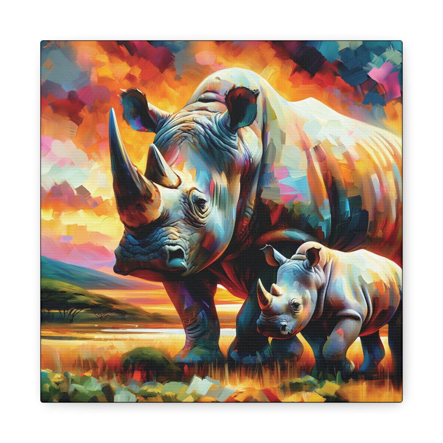 Rhinos at Sunset Expressionist Canvas Art Print