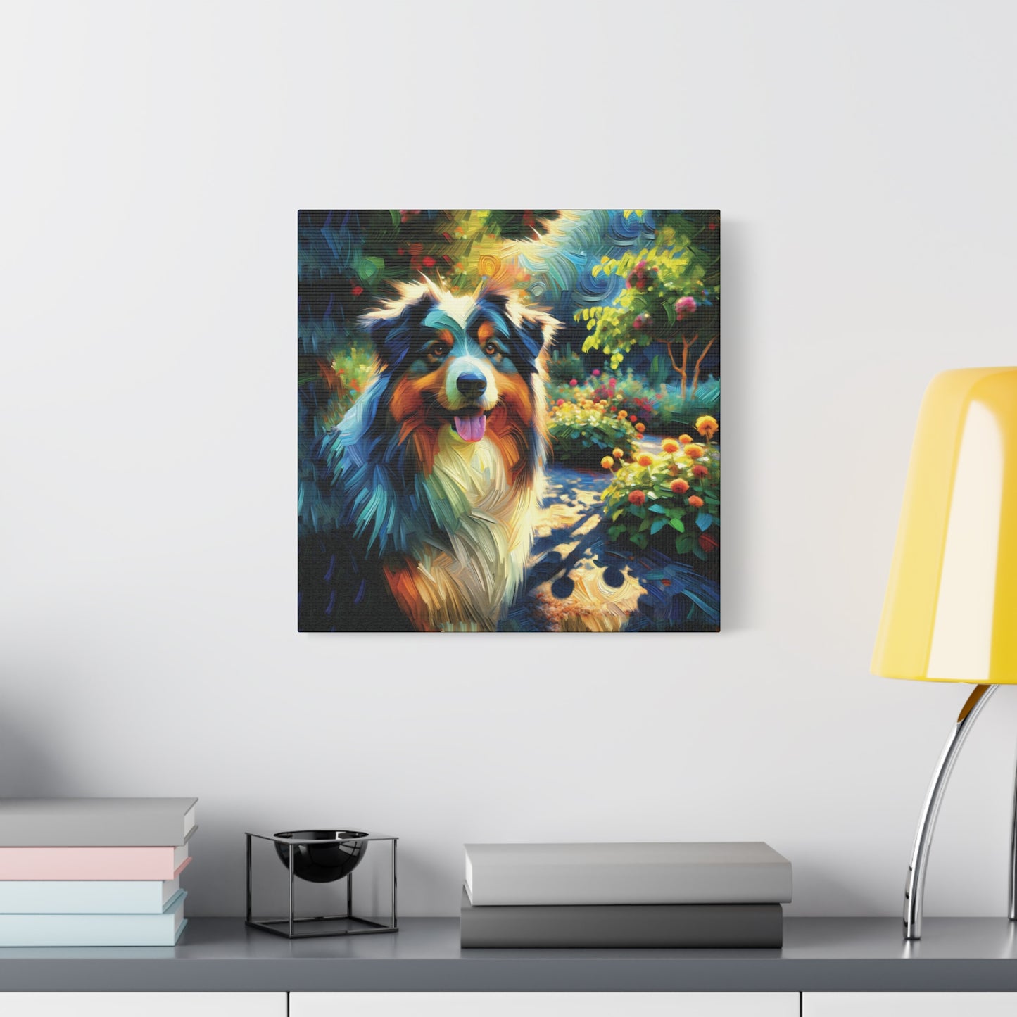 Canvas Wall Art - Australian Shepherd on Garden Path, Contemporary Impressionist Art Print