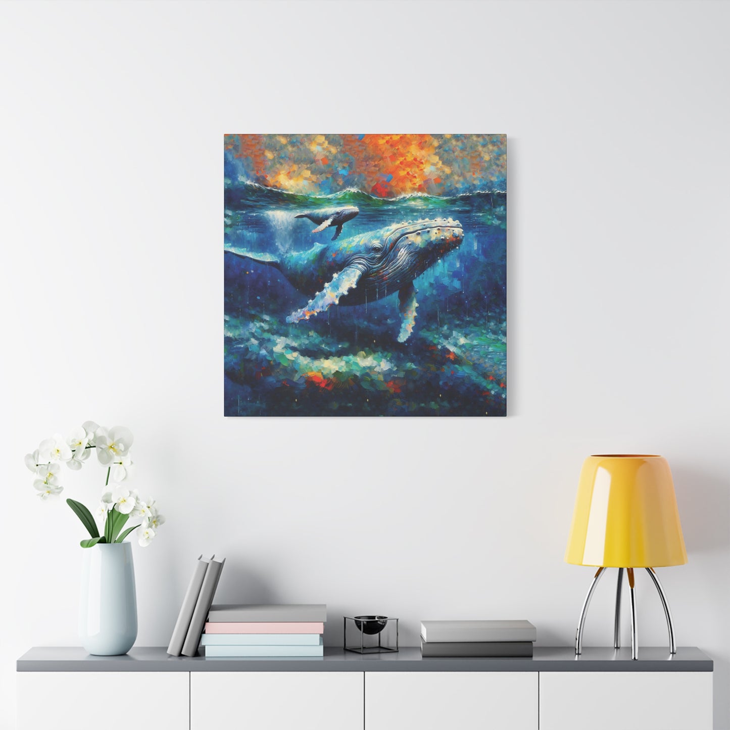 Humpback Whale and Calf Expressionist Canvas Art Print