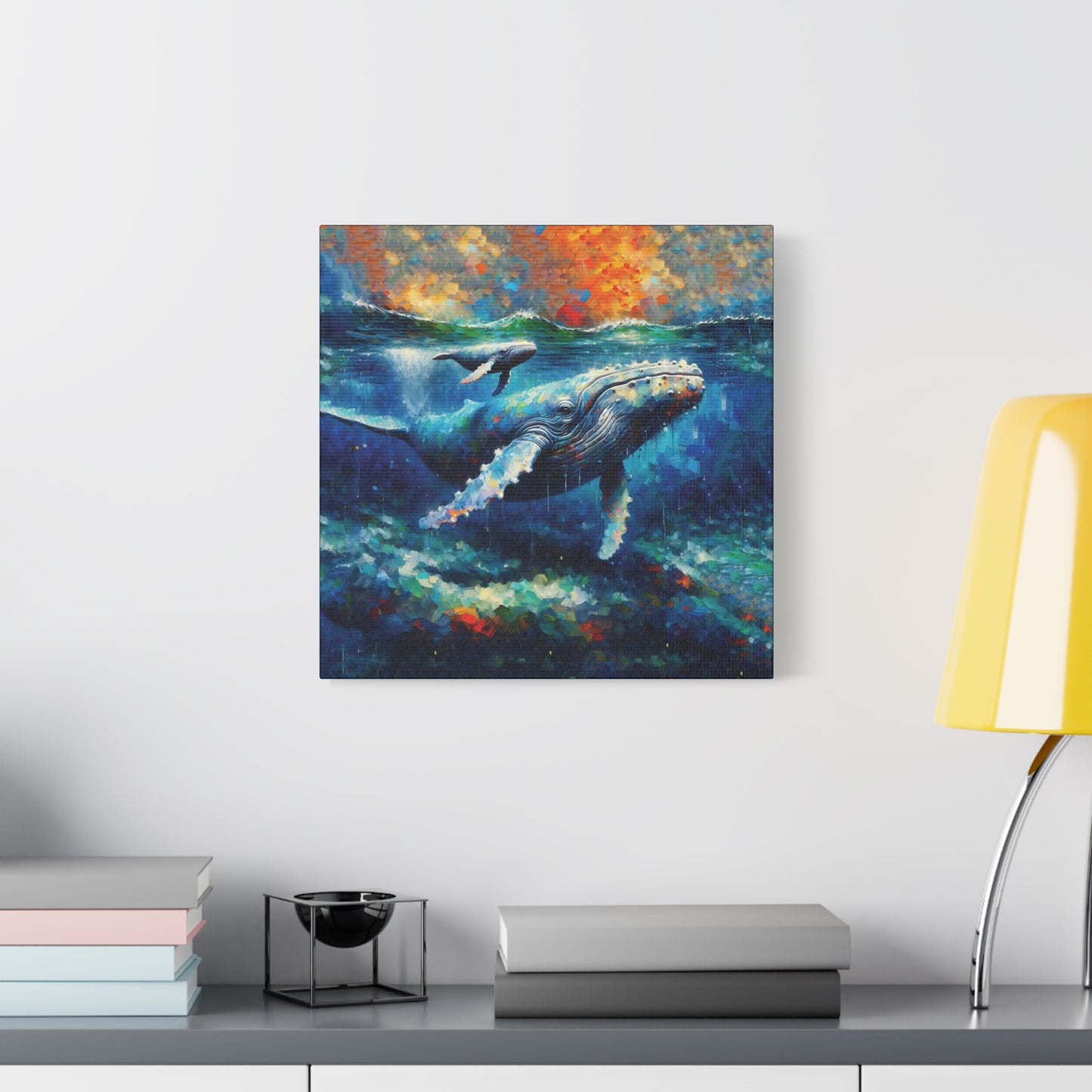 Humpback Whale and Calf Expressionist Canvas Art Print