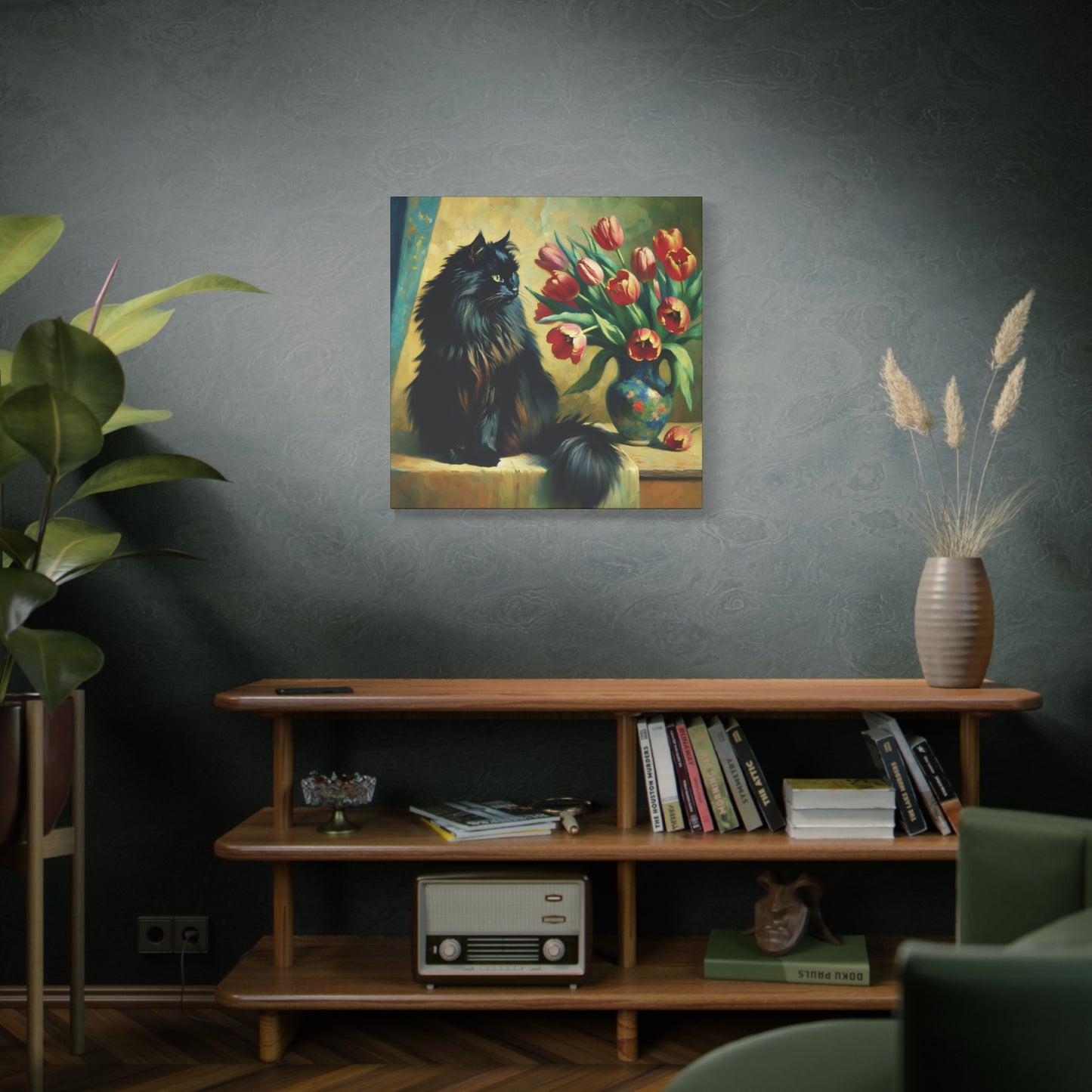 The Artist's Black Cat with Red Tulips - Impressionist Canvas Wall Art