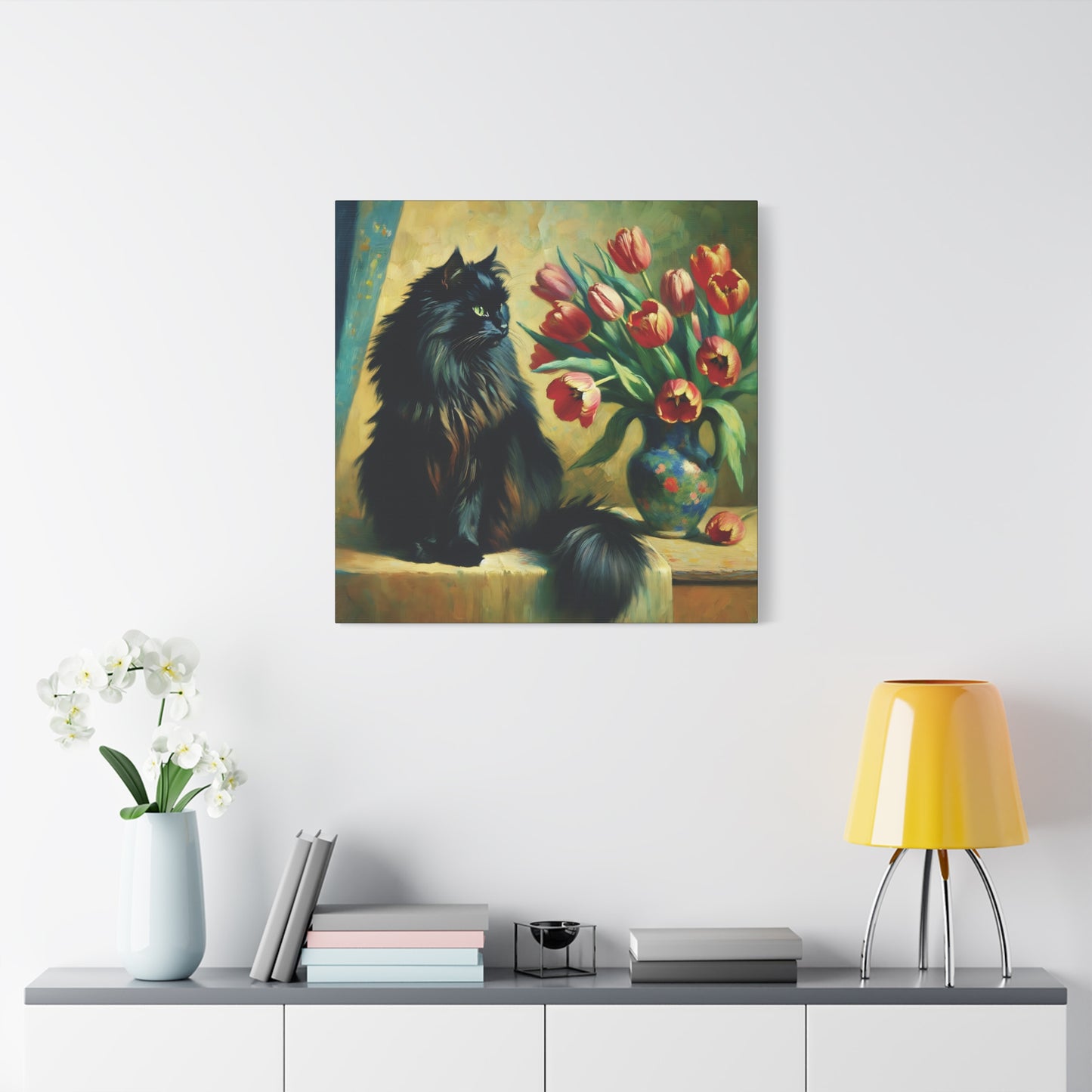 The Artist's Black Cat with Red Tulips - Impressionist Canvas Wall Art