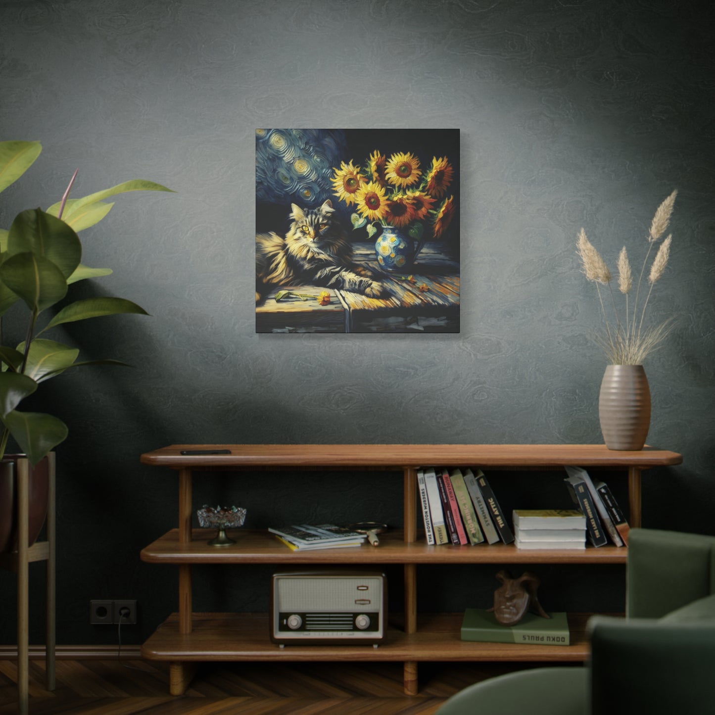 Canvas Wall Art - Grey Tabby Cat with Sunflowers - Old Master Style Art