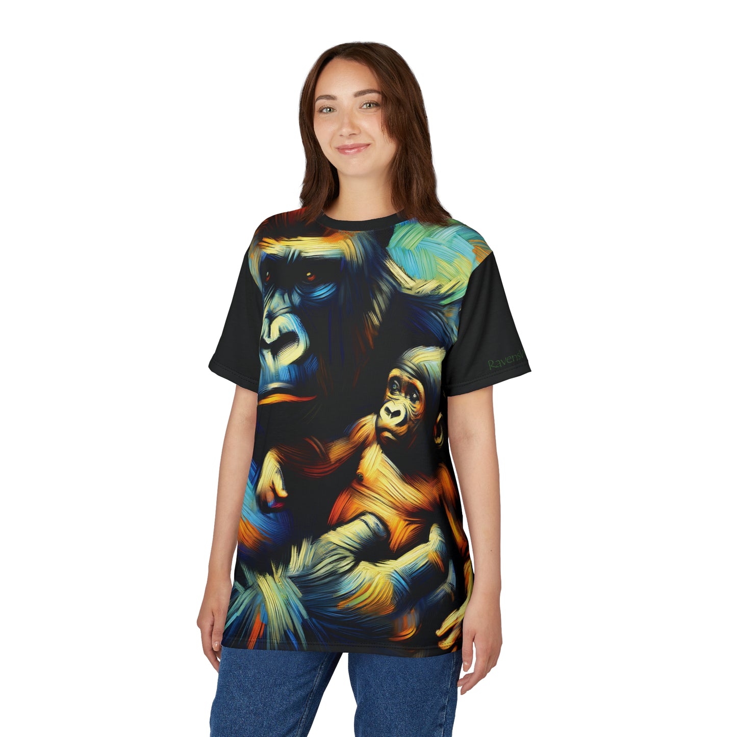 Gorilla Holding Baby Art Tee | Colorful Unisex Cut & Sew T-Shirt, Wildlife Apparel, Unique Graphic Tee, Birthday Gift