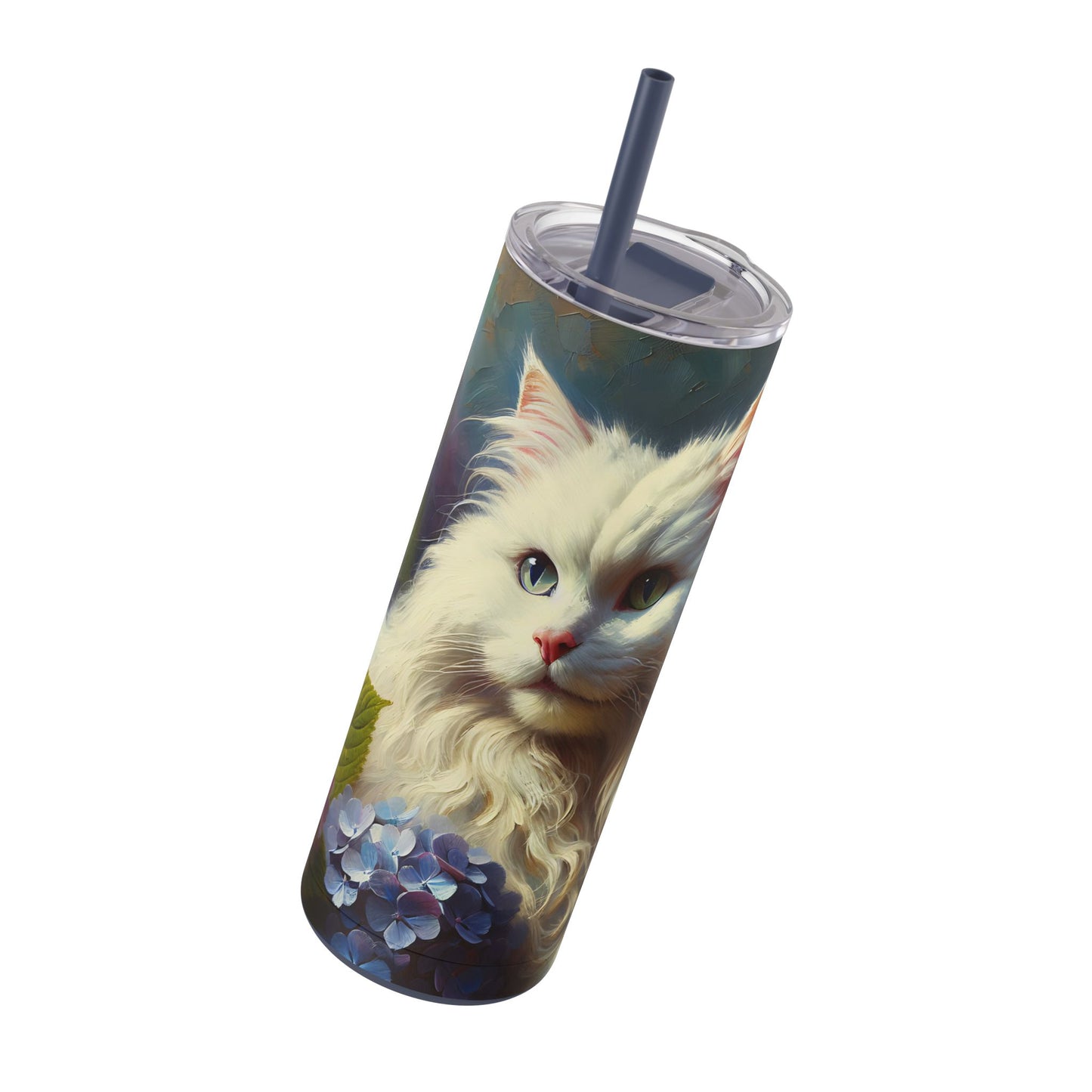 Travel Mug - The Artist's White Cat with Hydrangeas - Impressionist Art Style