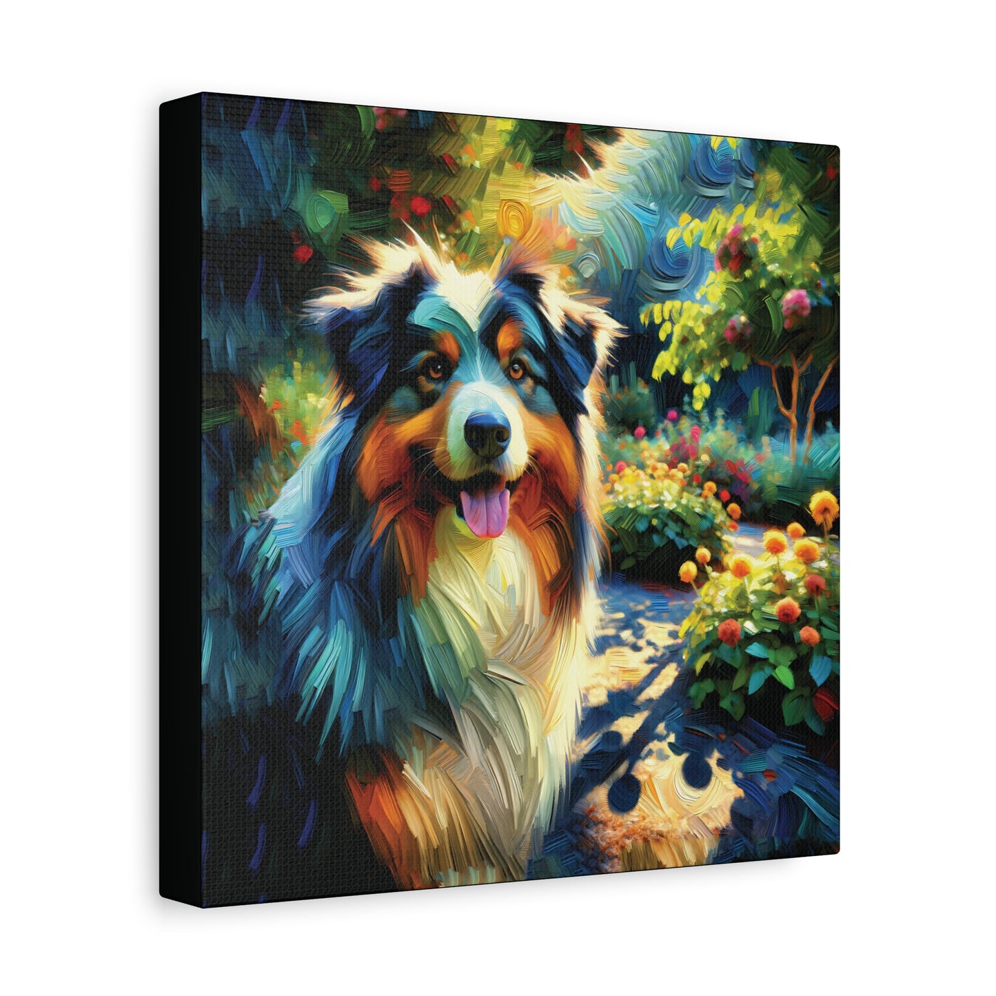 A canvas wall art print of an Australian Shepherd dog on a garden path with contemporary impressionist art style.