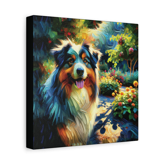 A canvas wall art print of an Australian Shepherd dog on a garden path with contemporary impressionist art style.